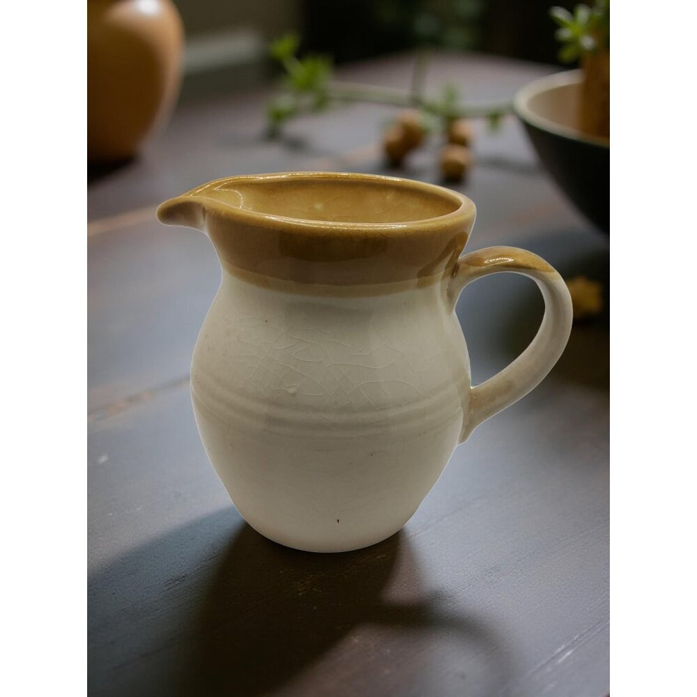 vintage 1980s trends ceramic two tone brown crazed glazed pitcher.